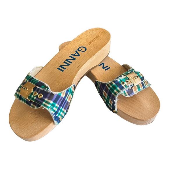 Ganni x Dr Scholls Slip On Pescura Heel Sandals Plaid Strap Blue Womens Sz 7 NEW - Picture 2 of 16